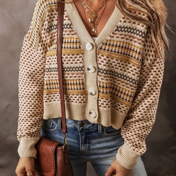 NEVER WORN Buttoned V Neck Cropped Beige and Brown Women's Sweater | Size M - Picture 5 of 5